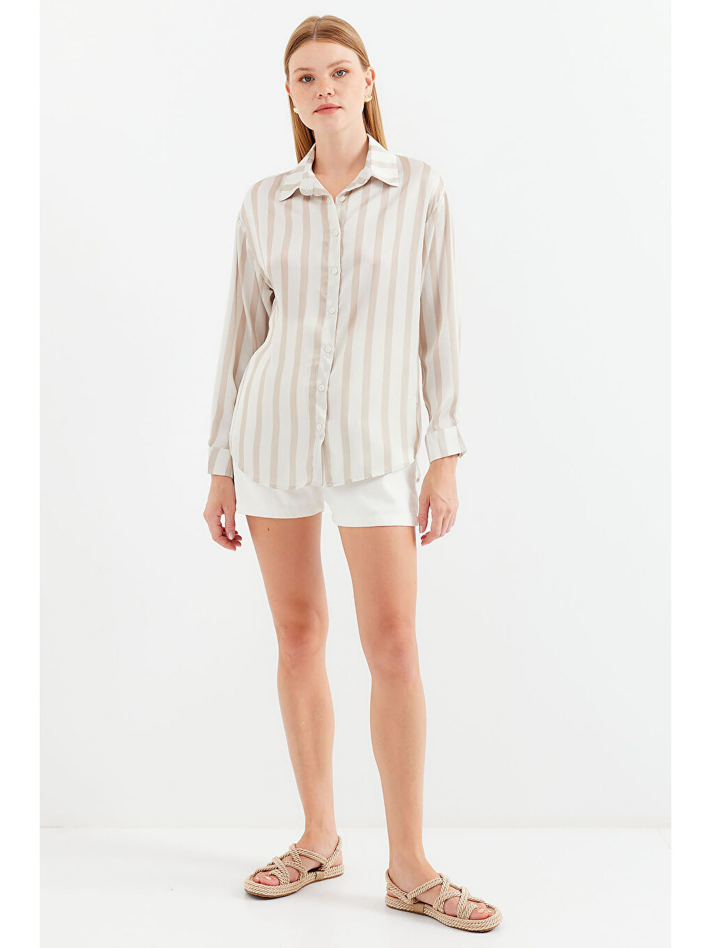 3964 Hafif Dökümlü Saten Gömlek - C. Bej-1