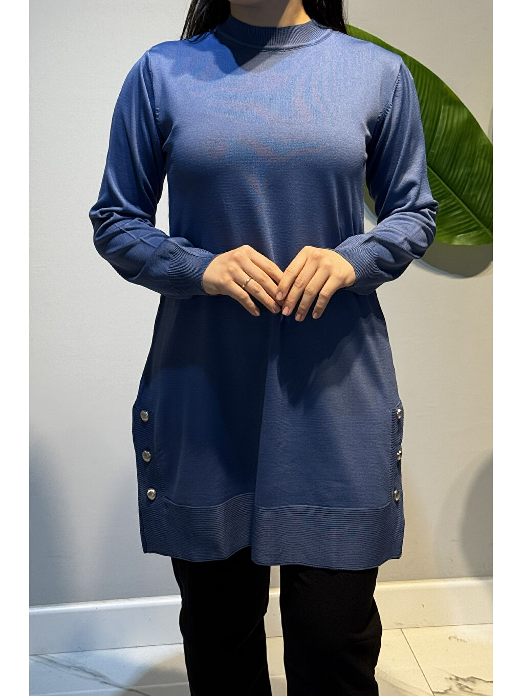 Düğme Detay Triko Tunik 34120 İndigo-1