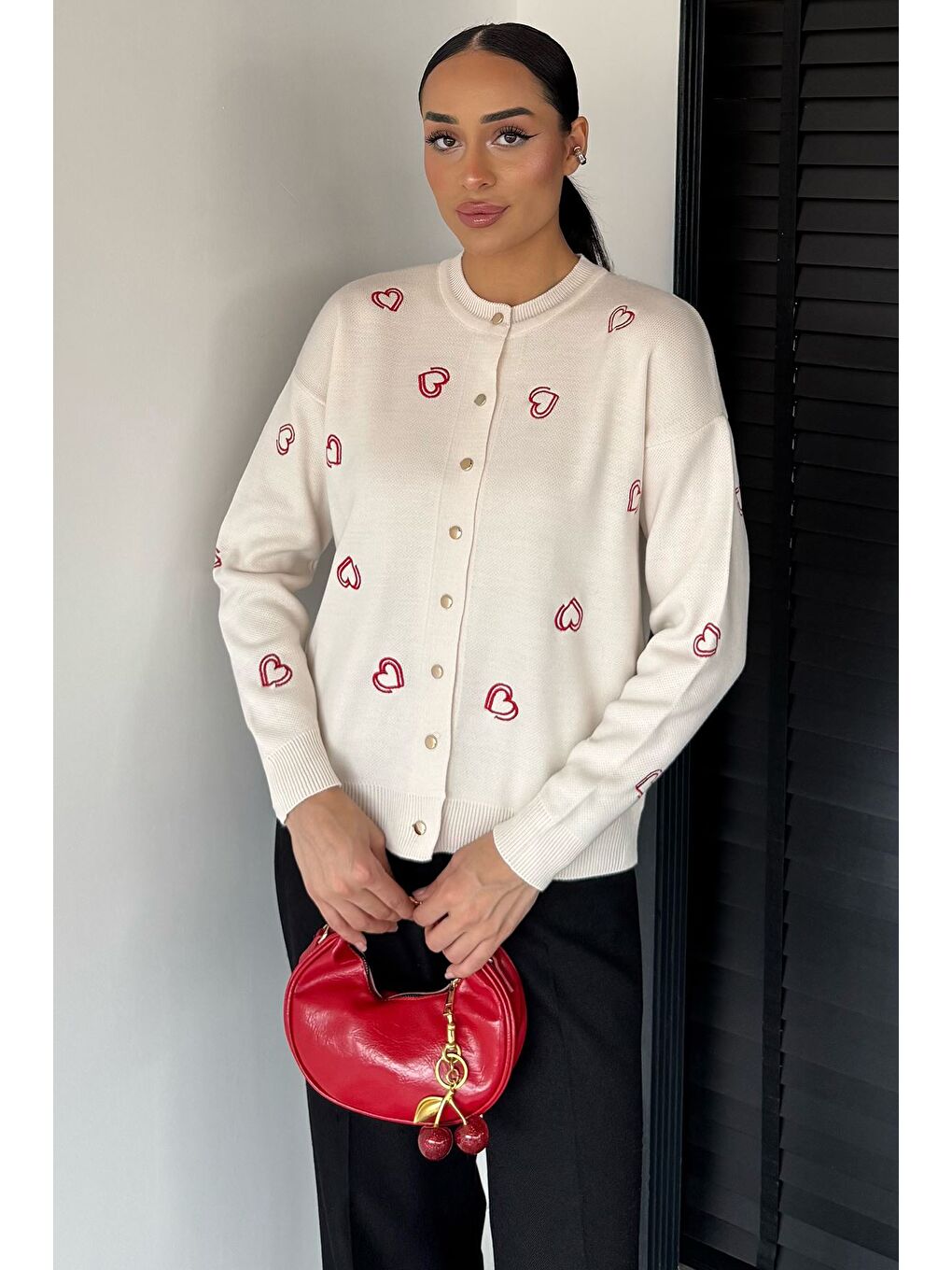 Ekru Kalp Nakışlı Kadın Triko Hırka (s-m-l Uyumludur)