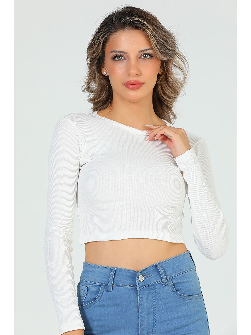 GÜLSELİ Ekru Kadın Bisiklet Yaka Kaşkorse Crop Body Bluz