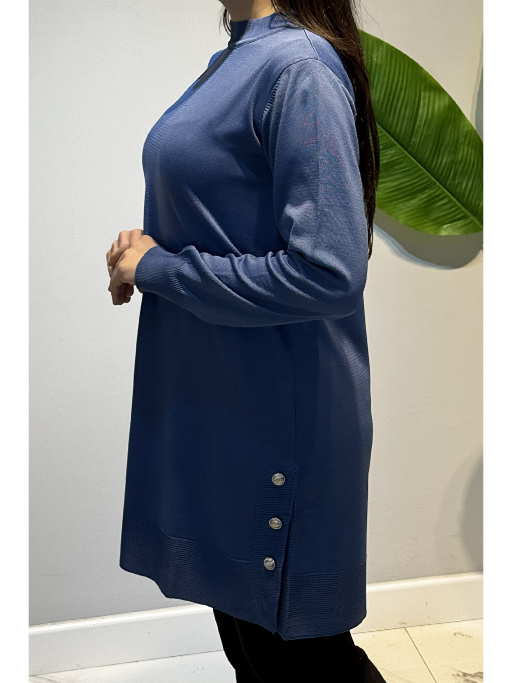 Düğme Detay Triko Tunik 34120 İndigo-2