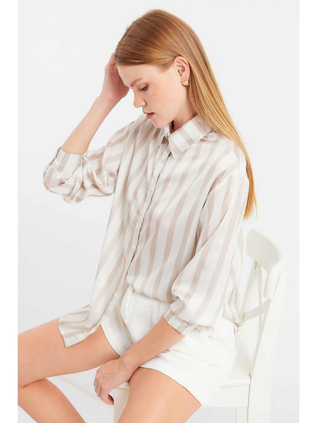 3964 Hafif Dökümlü Saten Gömlek - C. Bej-3