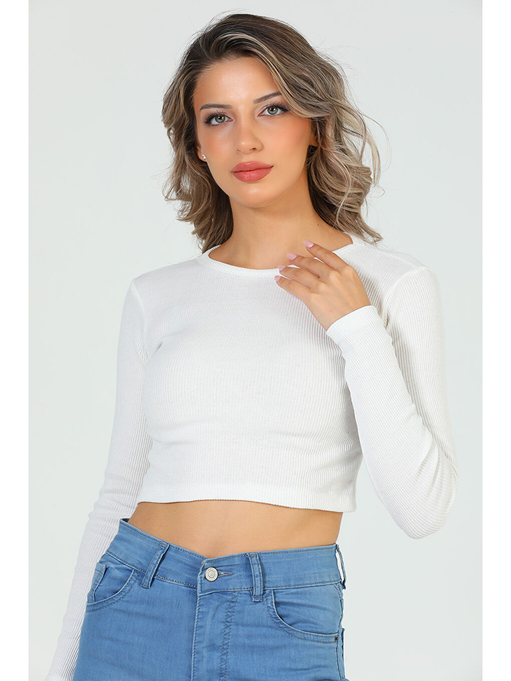 GÜLSELİ Ekru Kadın Bisiklet Yaka Kaşkorse Crop Body Bluz - 1