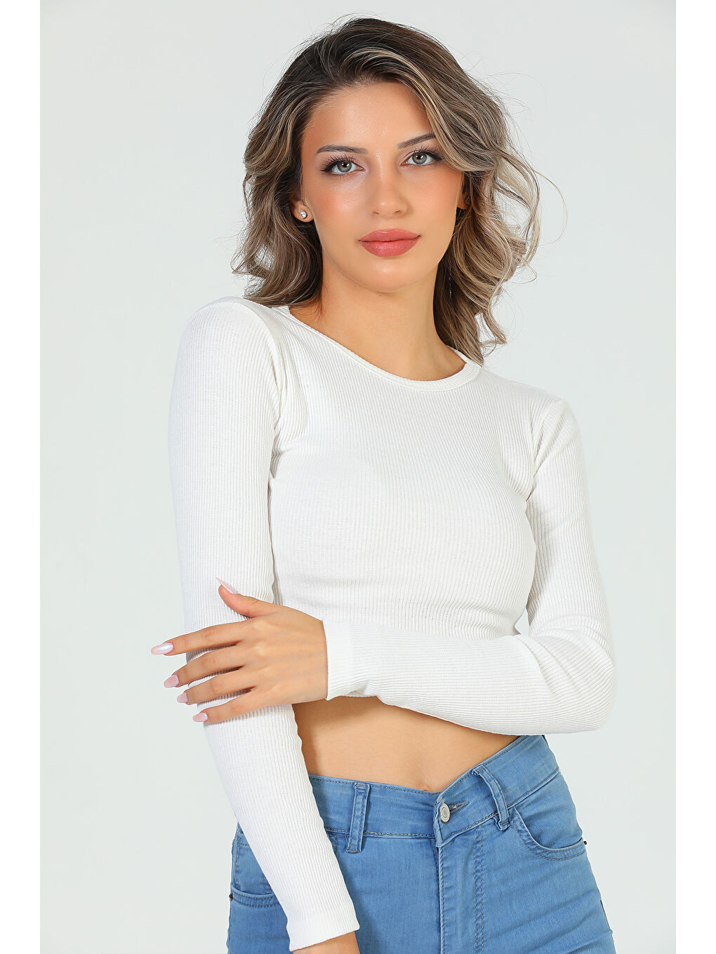 GÜLSELİ Ekru Kadın Bisiklet Yaka Kaşkorse Crop Body Bluz - 2