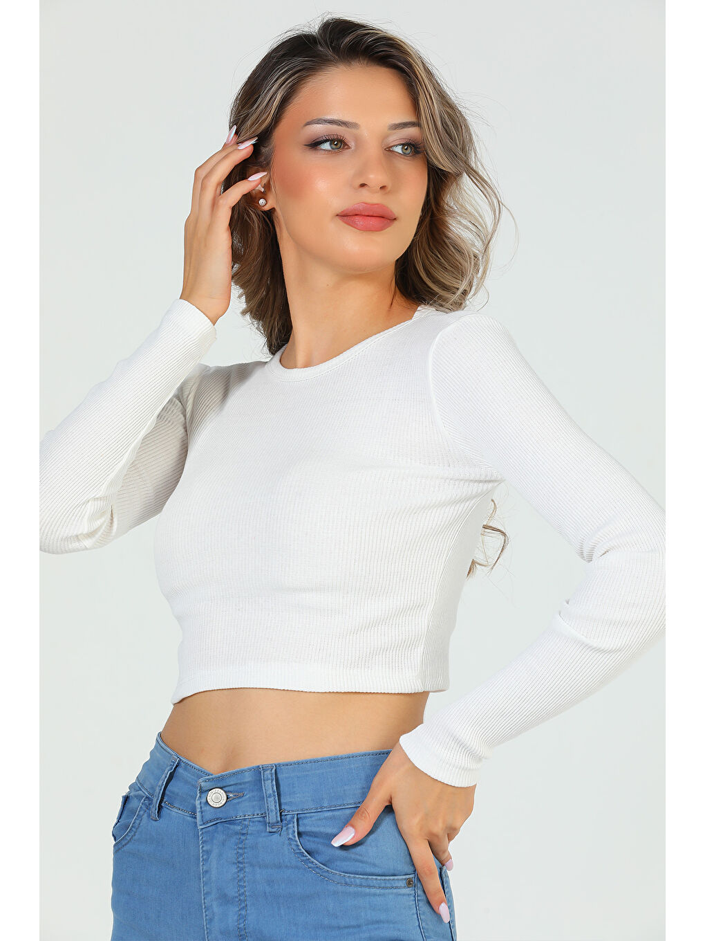 GÜLSELİ Ekru Kadın Bisiklet Yaka Kaşkorse Crop Body Bluz - 3