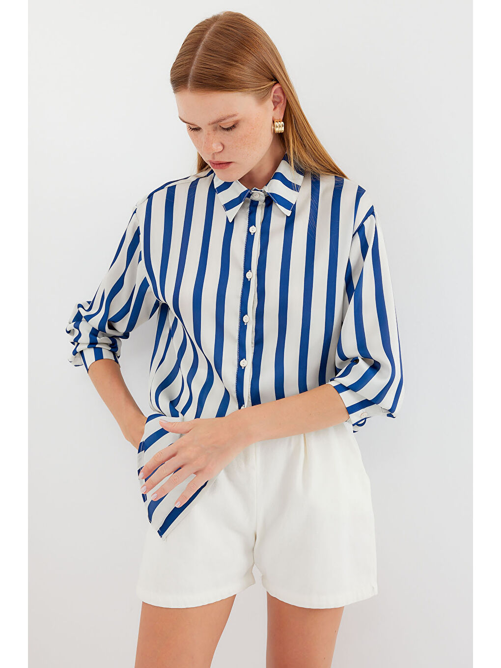 3964 Hafif Dökümlü Saten Gömlek - B.Lacivert