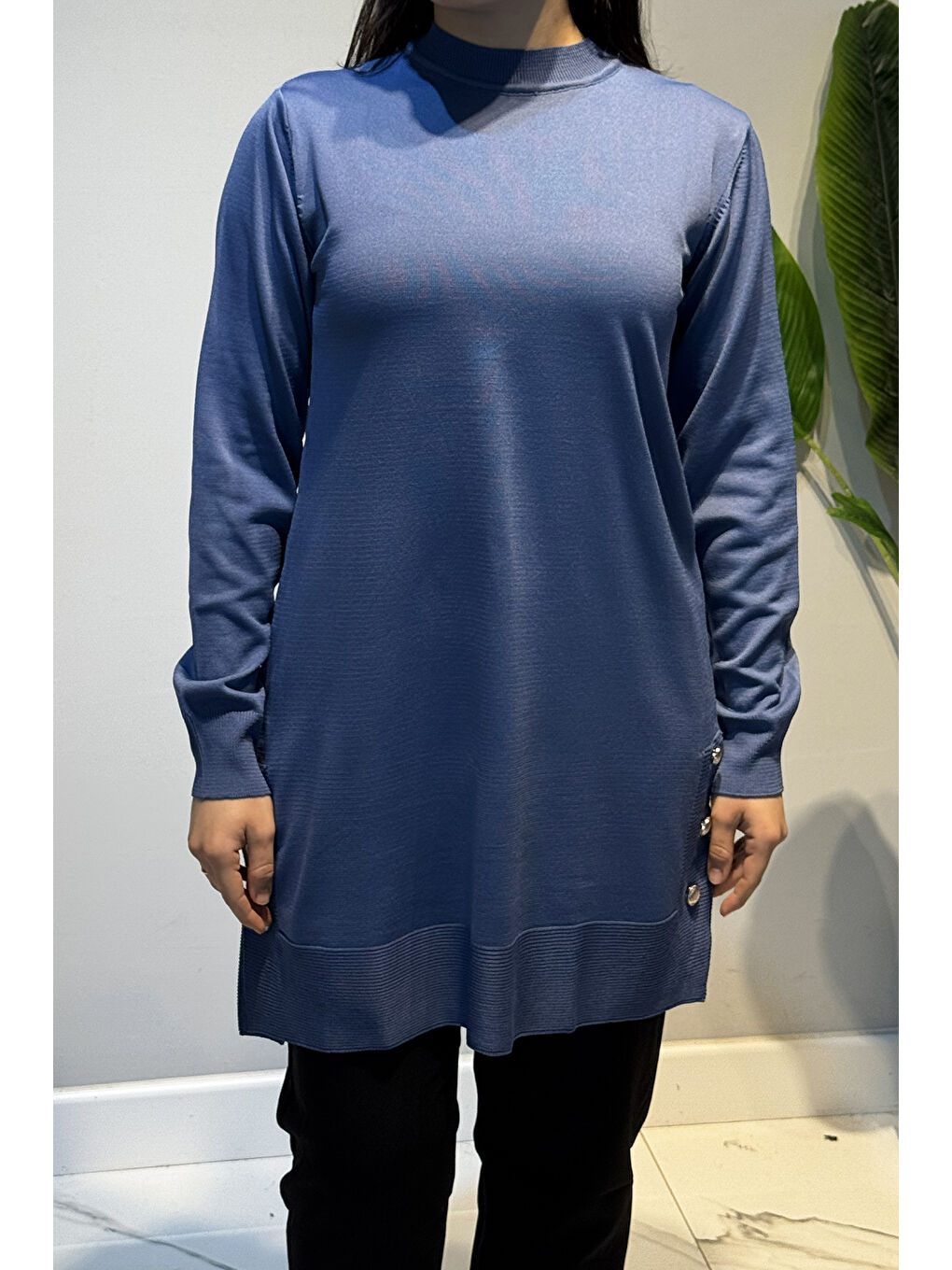 Düğme Detay Triko Tunik 34120 İndigo-4