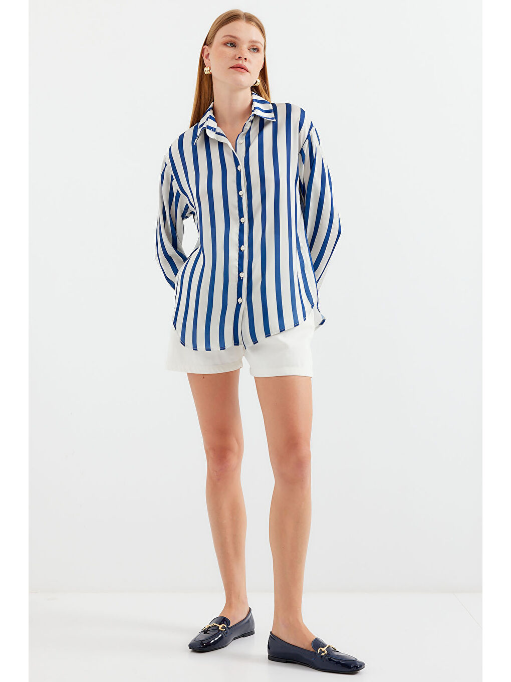 3964 Hafif Dökümlü Saten Gömlek - B.Lacivert-1