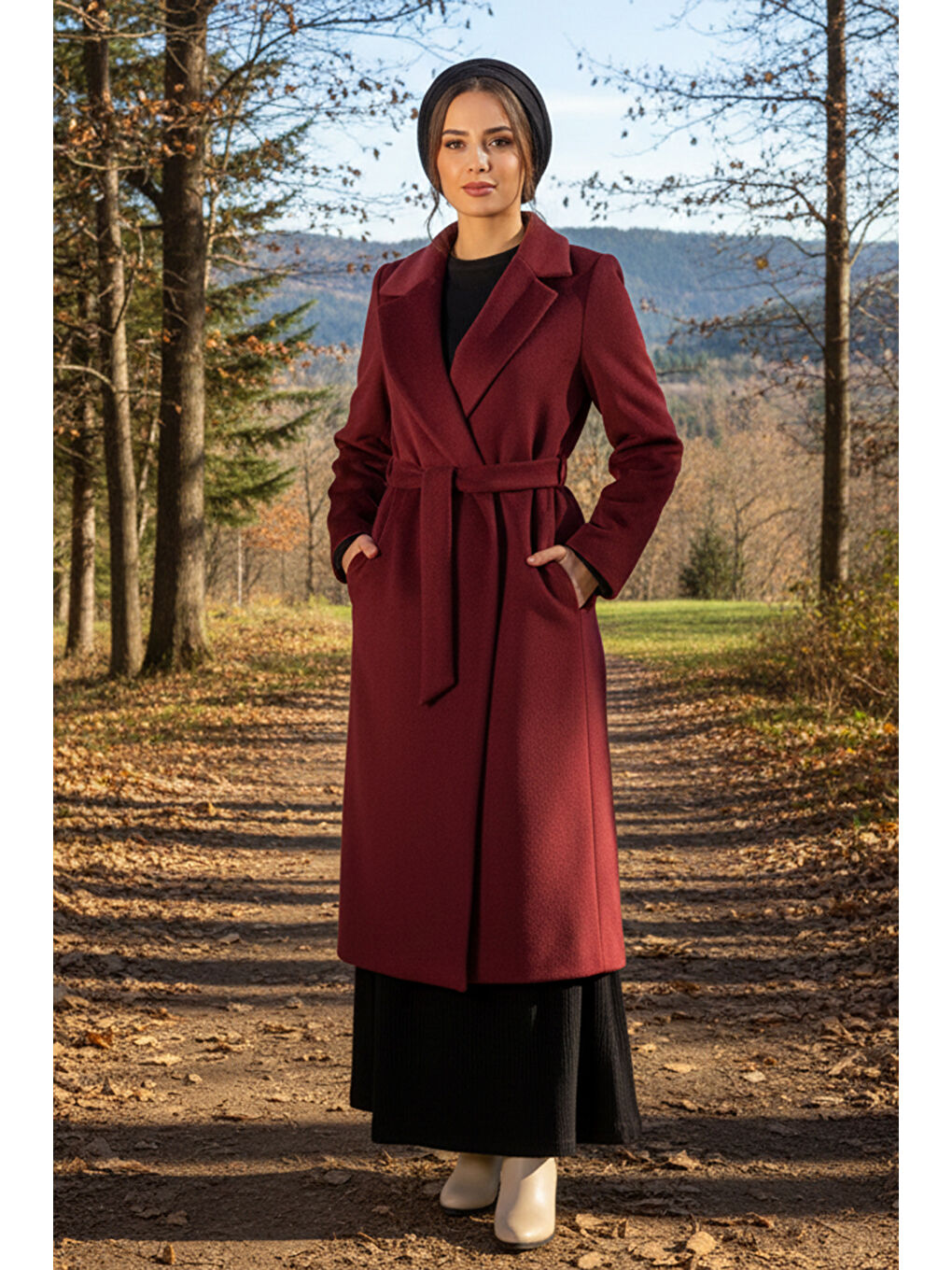 Kadın Kuşak Detay Kaşe Kaban 14334 Bordo