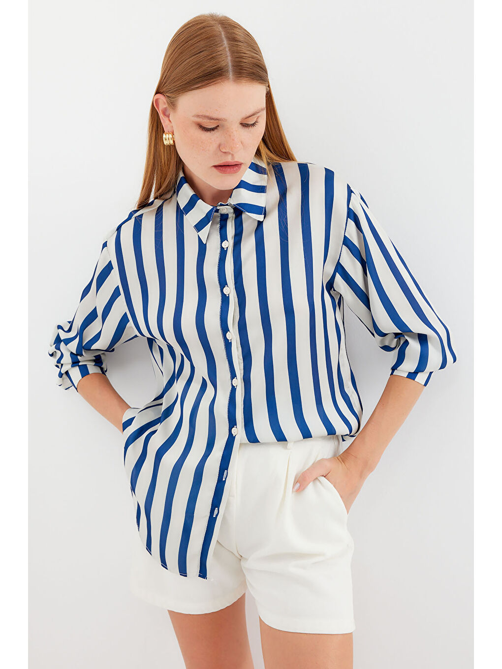 3964 Hafif Dökümlü Saten Gömlek - B.Lacivert-3