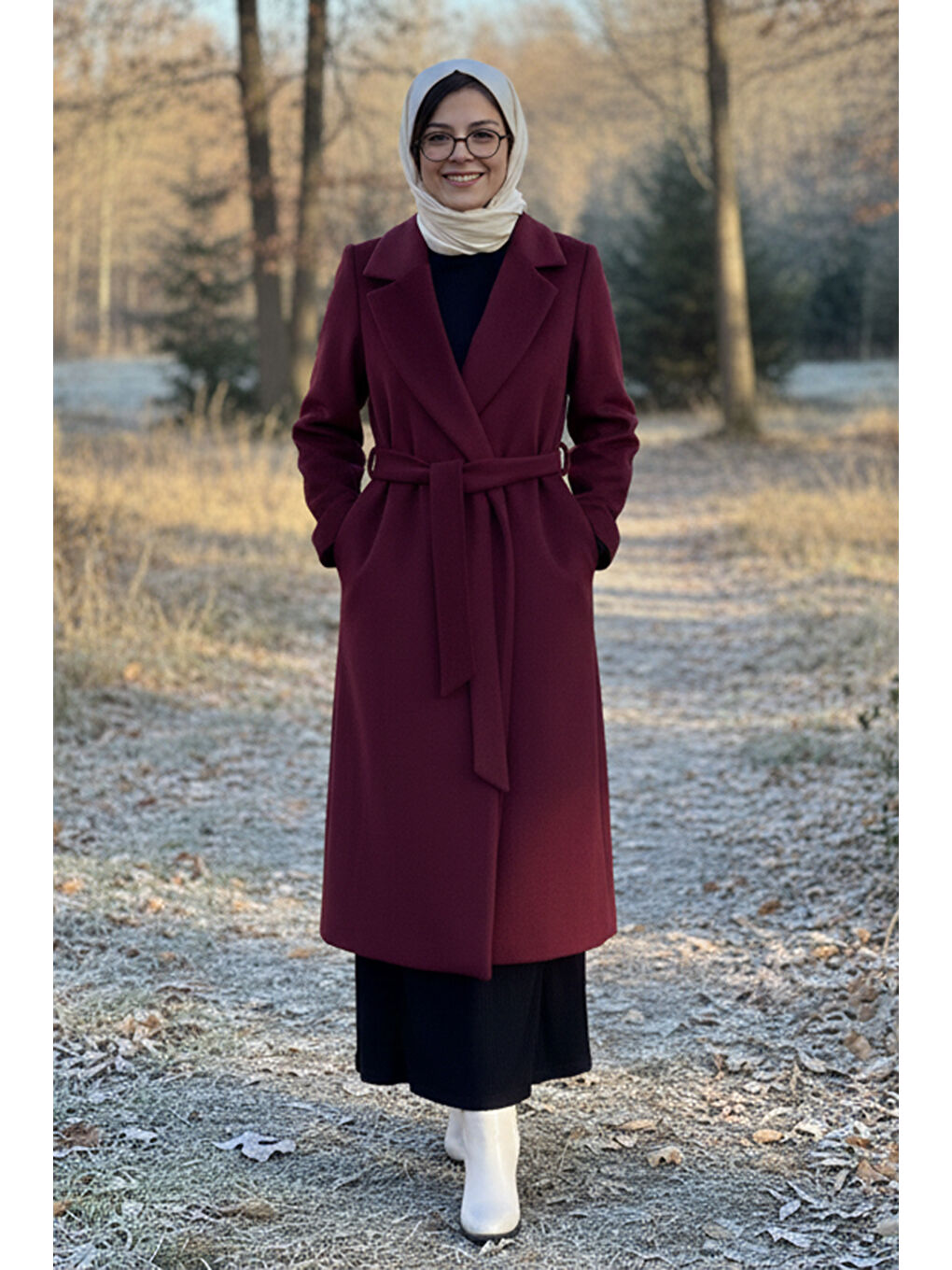 Kadın Kuşak Detay Kaşe Kaban 14334 Bordo-1