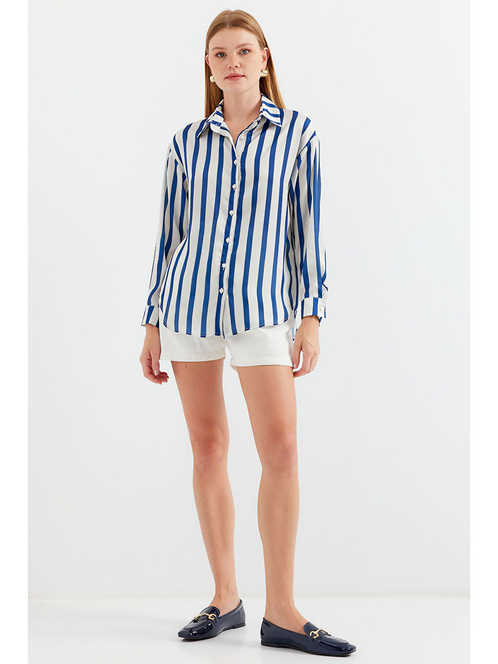 3964 Hafif Dökümlü Saten Gömlek - B.Lacivert-4