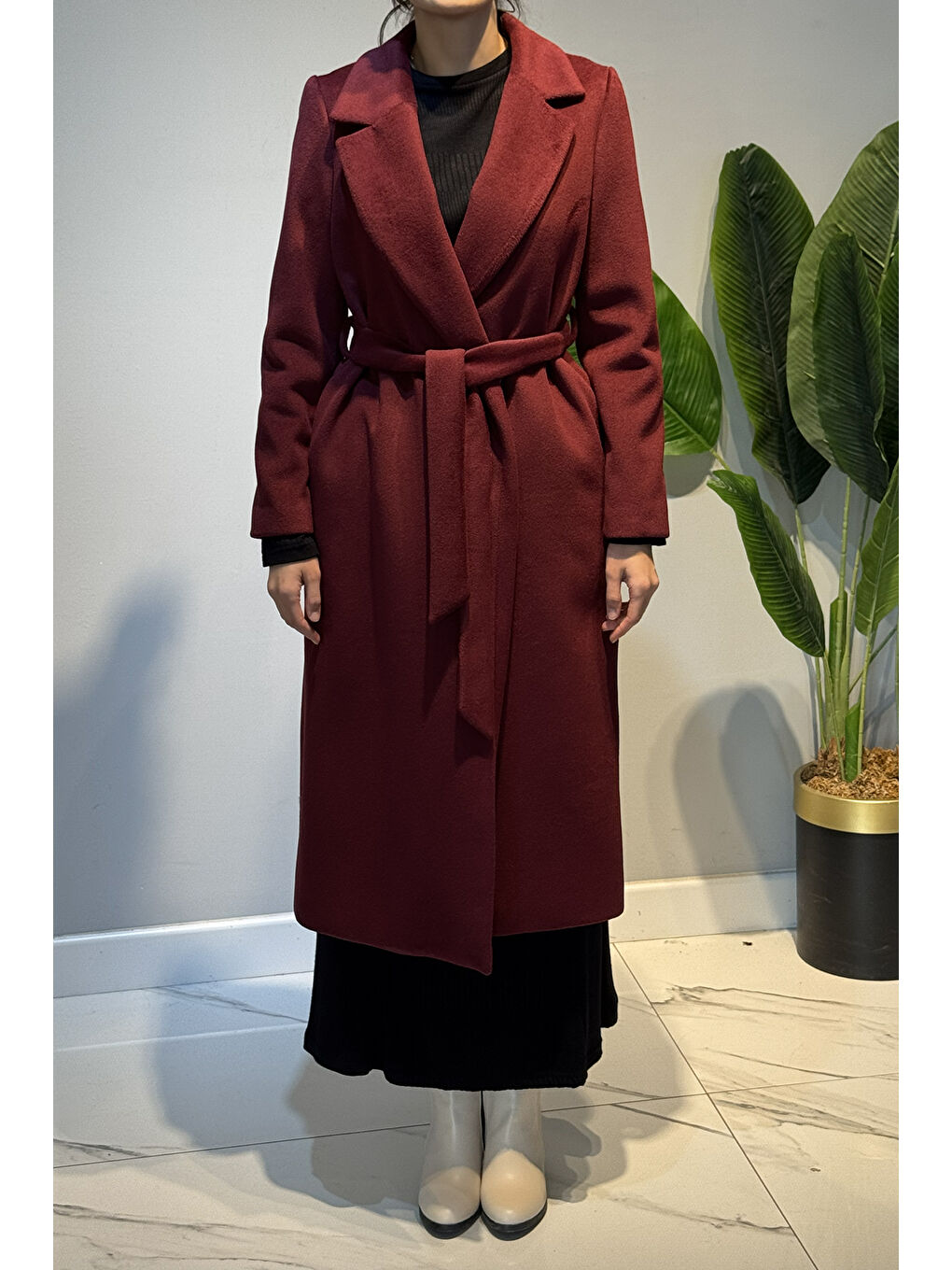 Kadın Kuşak Detay Kaşe Kaban 14334 Bordo-2