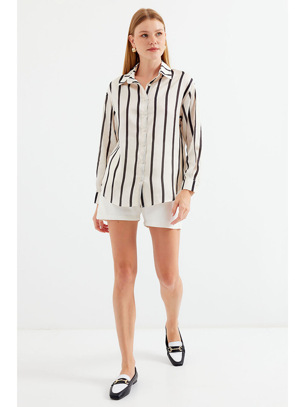 3964 Çizgili Hafif Dökümlü Saten Gömlek - F. Siyah-3