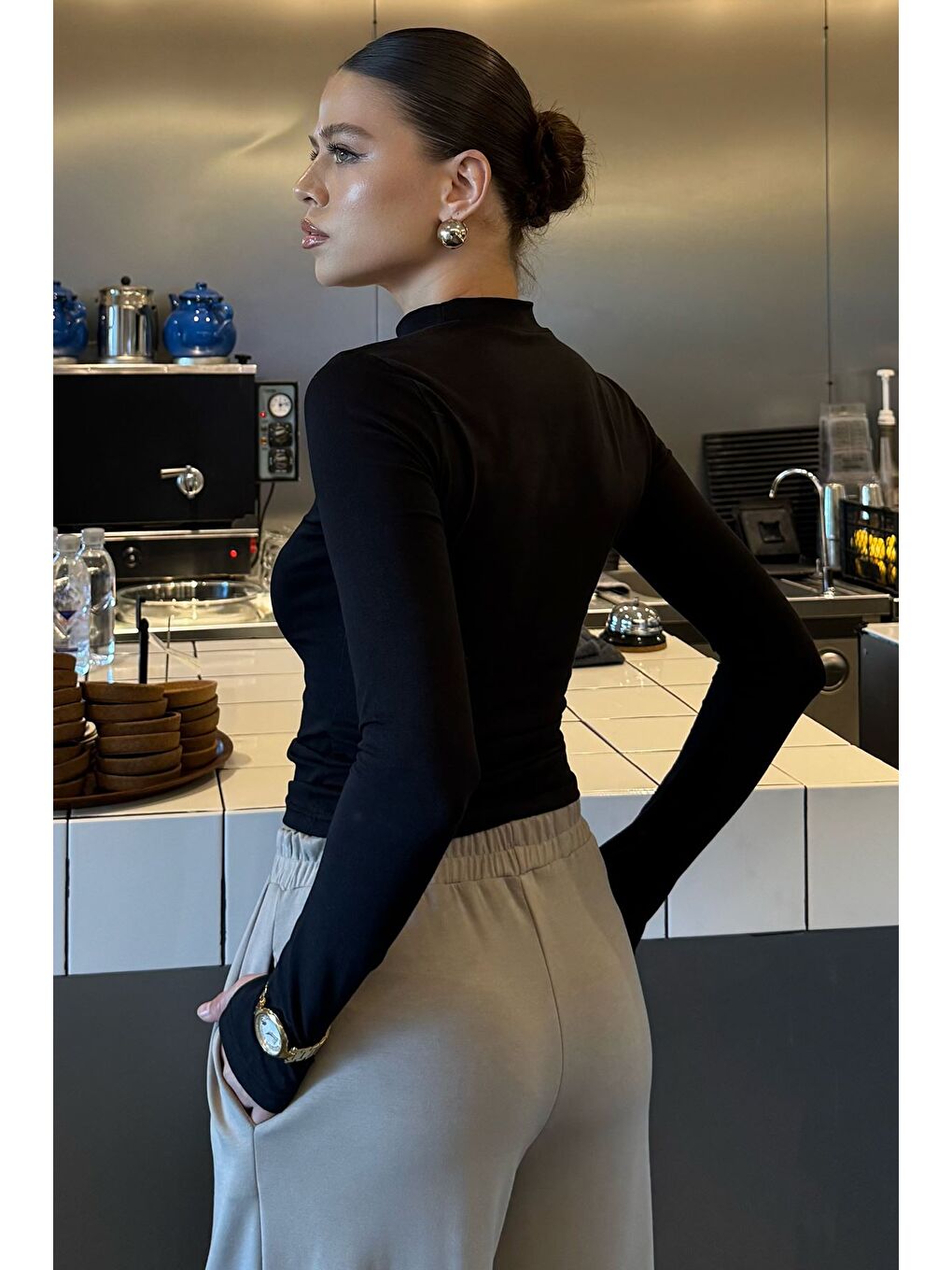 Siyah Kadın Yarım Balıkçı Yaka Parmak Geçmeli Elastanlı Body Bluz-3