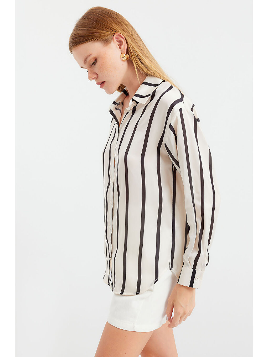 3964 Çizgili Hafif Dökümlü Saten Gömlek - F. Siyah-4