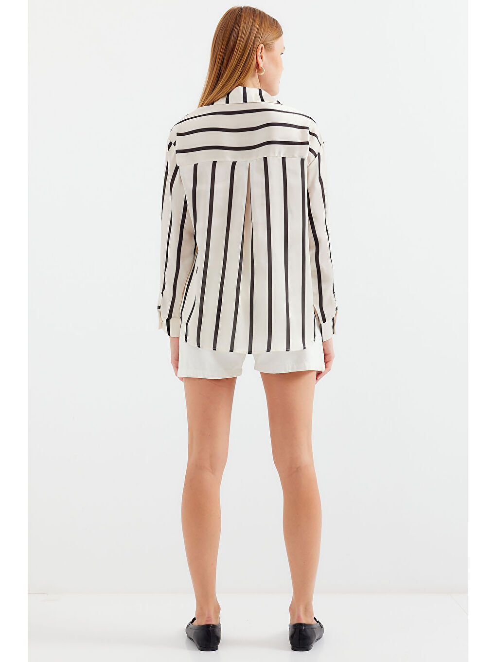 3964 Çizgili Hafif Dökümlü Saten Gömlek - F. Siyah-6