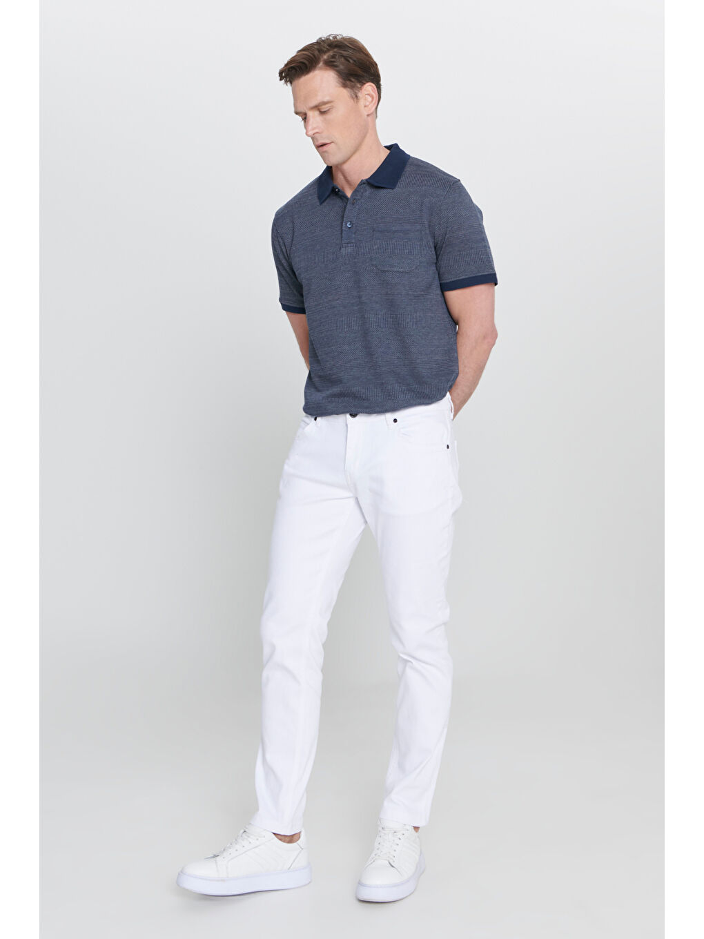 Erkek Beyaz 360 Derece Her Yöne Esneyen Slim Fit Dar Kesim Diyagonal Desenli Pantolon-5