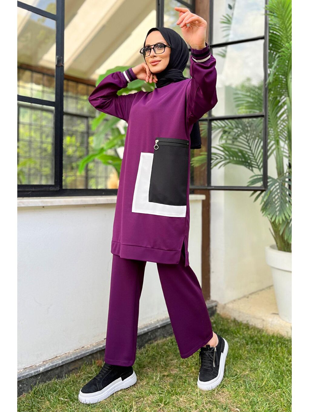Bisiklet Yaka Kadın Mor Tunik+Pantolon - 11617-1