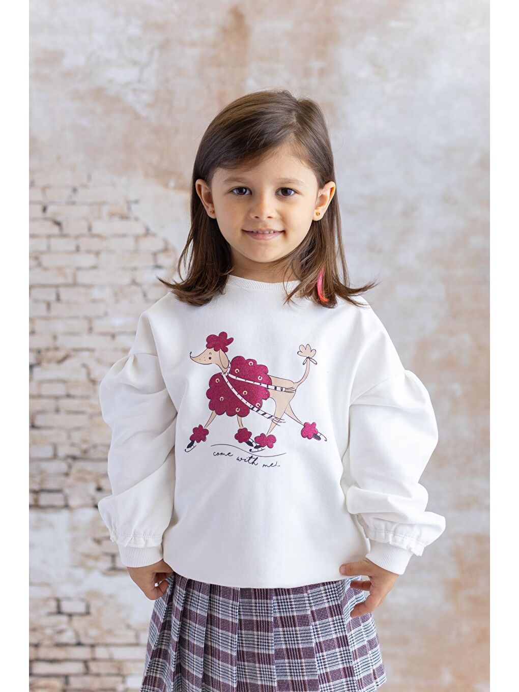 MİNİNİO Ekru Kız Çocuk Sim Baskılı Sweatshirt - Skasar