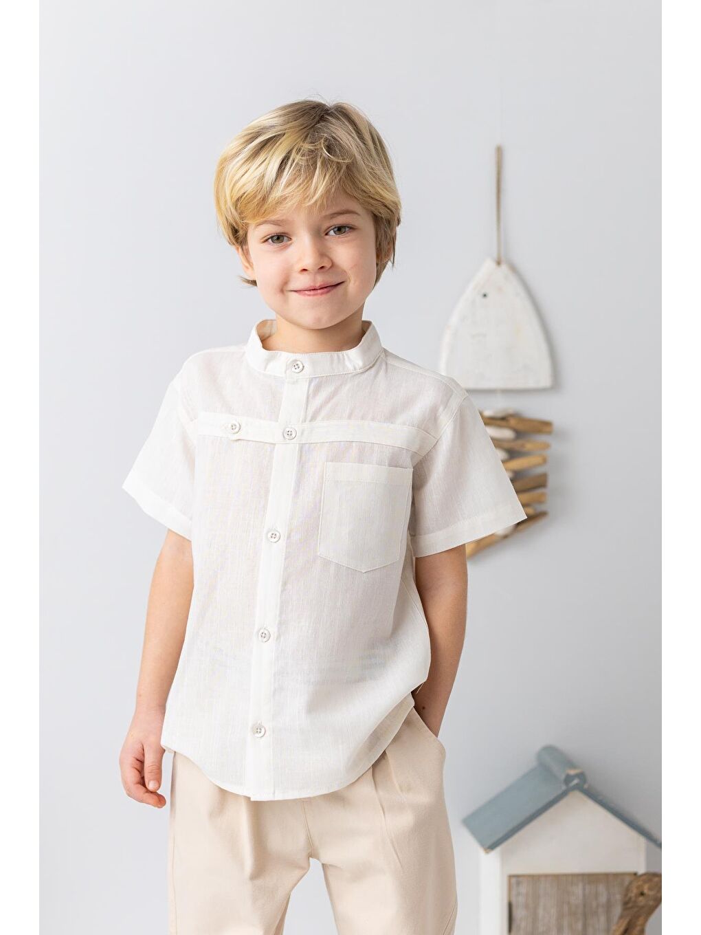 Erkek Bebek Hakim Yaka Kısa Kollu Gömlek - Ekru