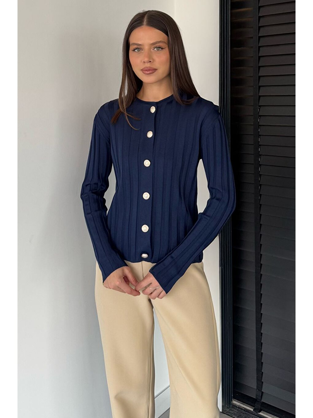 Lacivert Kadın Düğme Detaylı Triko Hırka (m-l-xl Uyumludur)