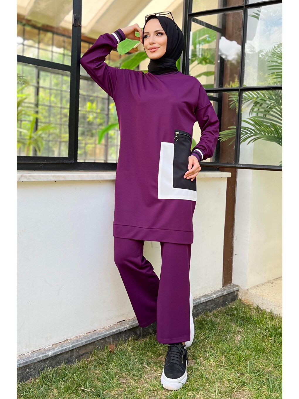 Bisiklet Yaka Kadın Mor Tunik+Pantolon - 11617-2