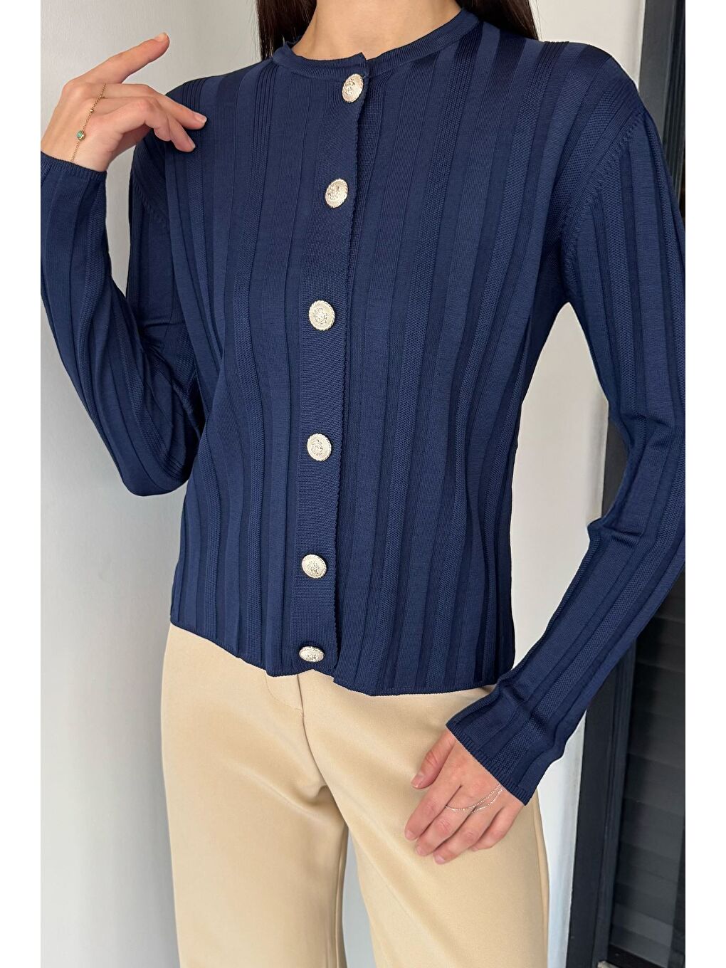 Lacivert Kadın Düğme Detaylı Triko Hırka (m-l-xl Uyumludur)-1