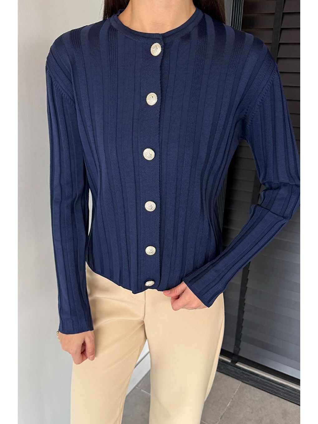 Lacivert Kadın Düğme Detaylı Triko Hırka (m-l-xl Uyumludur)-2