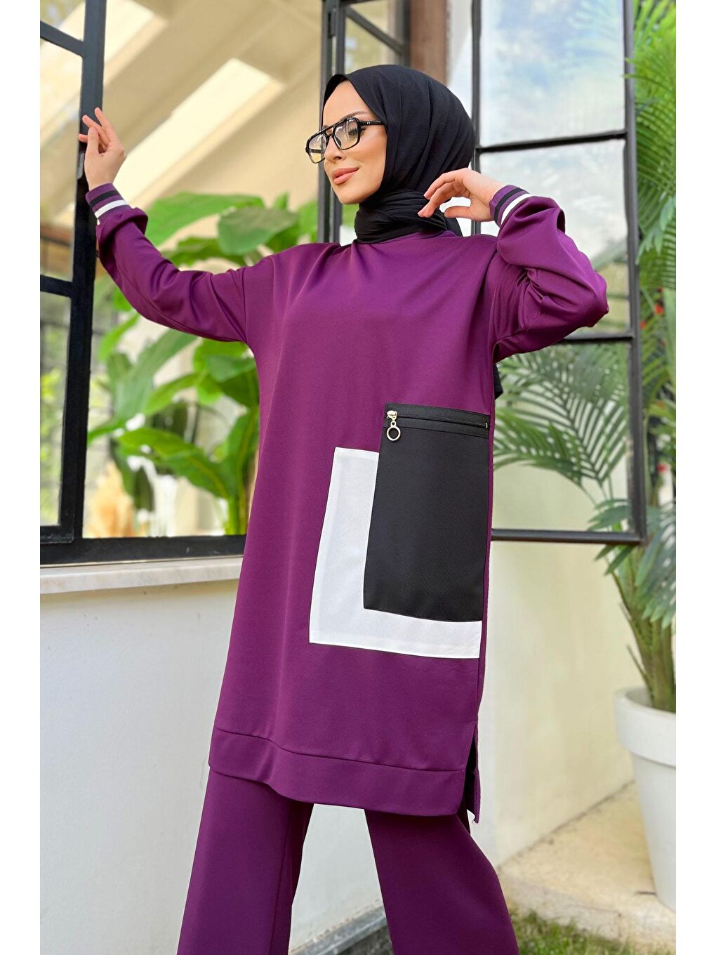 Bisiklet Yaka Kadın Mor Tunik+Pantolon - 11617-3