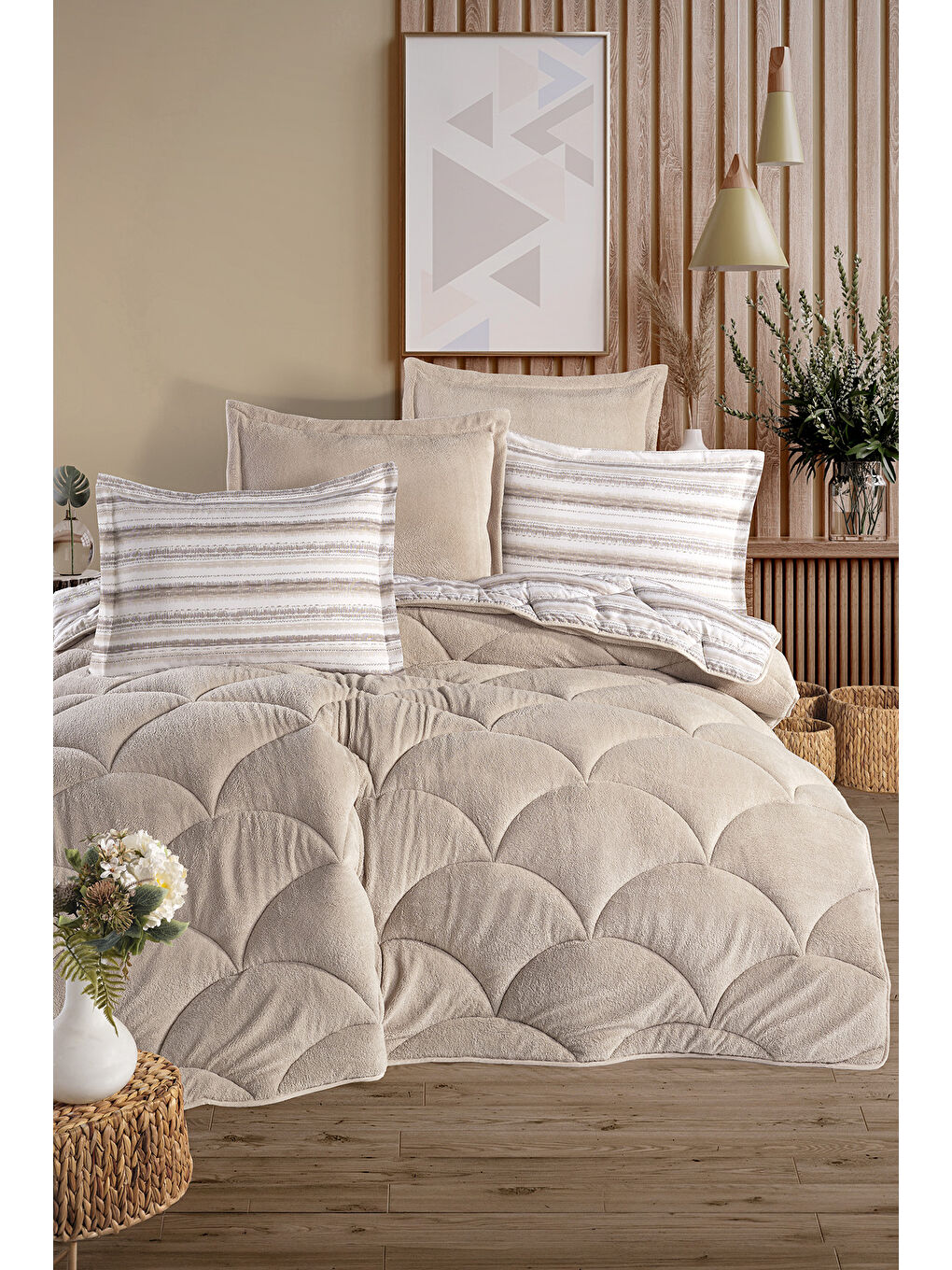 Bej Wellsoft Çift Kişilik Uyku Seti Çift Taraflı Semera