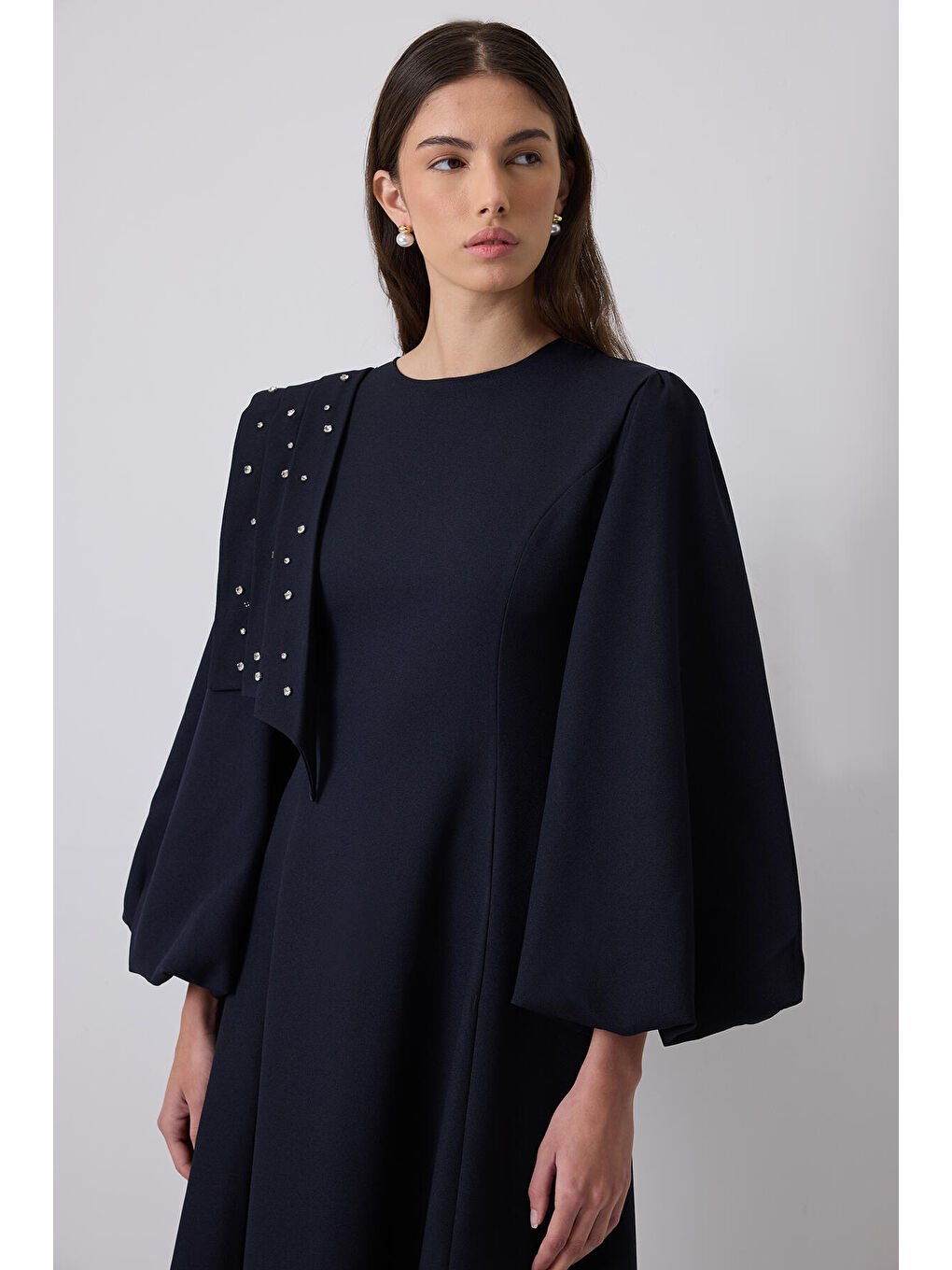 Lacivert Taş İşlemeli Balon Kollu Elbise-1