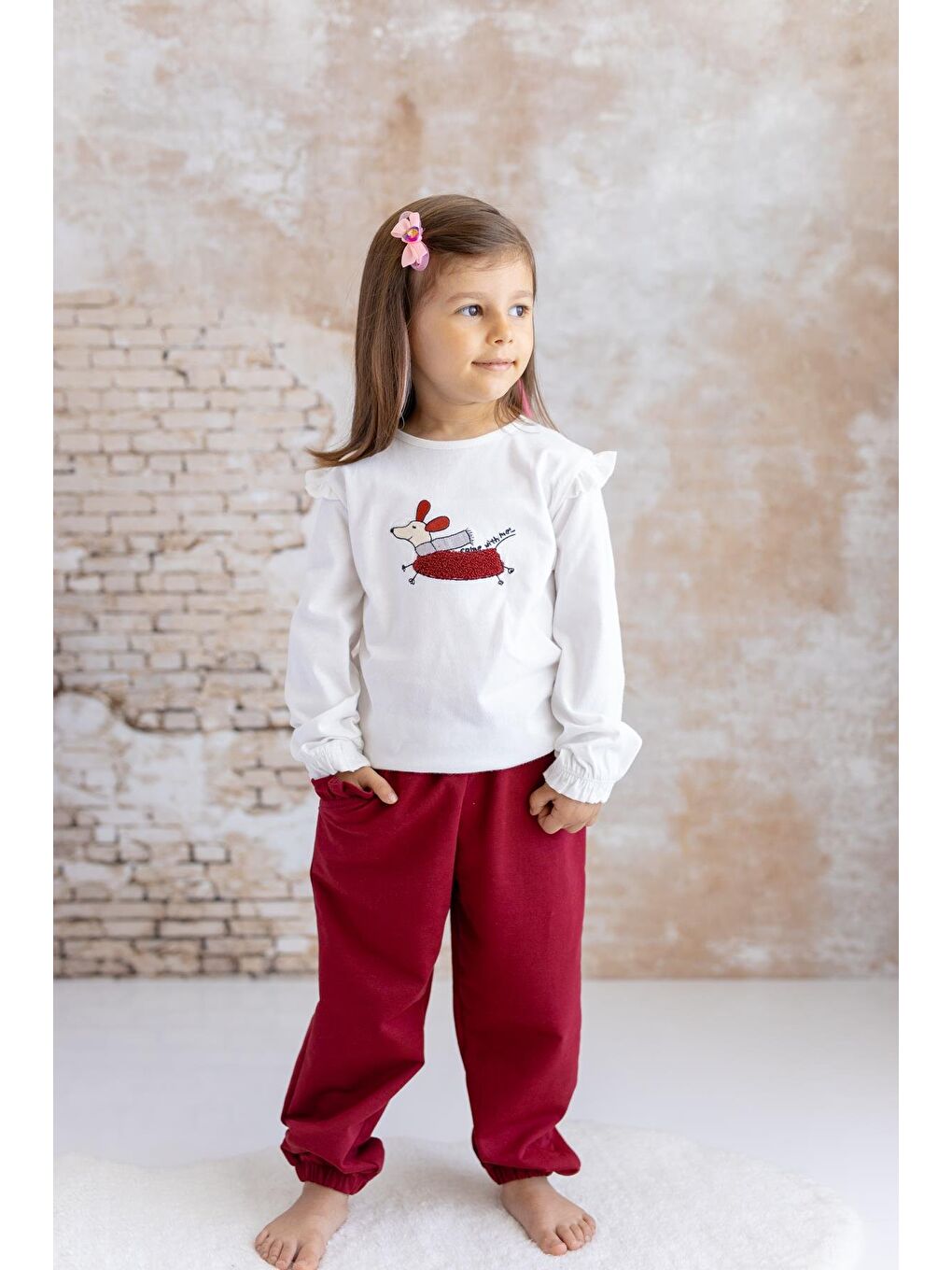 Ekru Kız Çocuk Köpek Nakışlı Uzun Kollu T-Shirt - Skasar-1