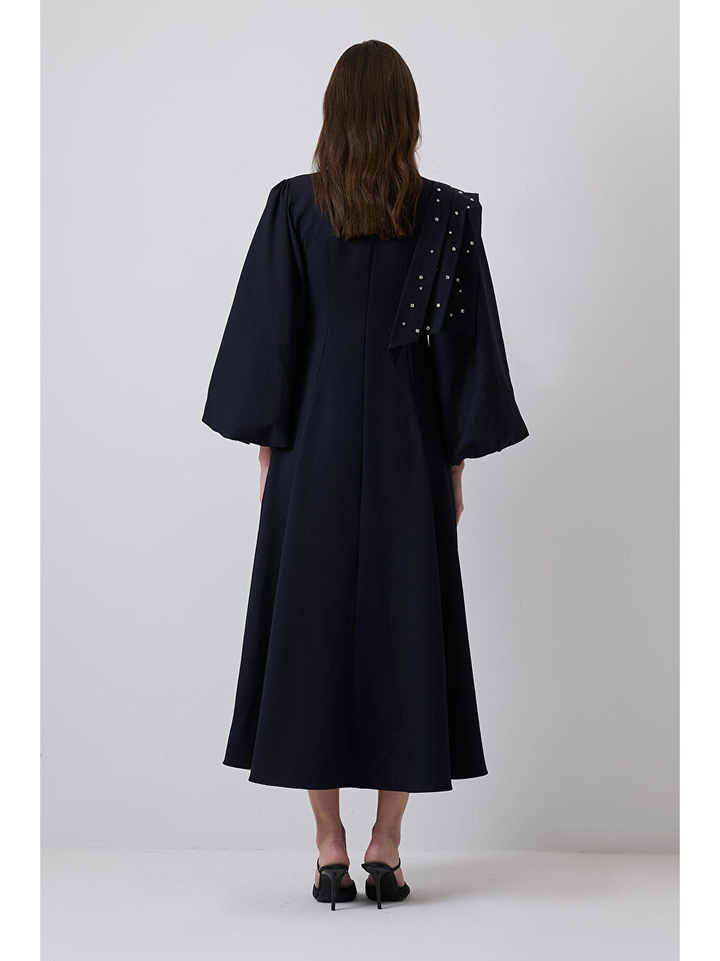 Lacivert Taş İşlemeli Balon Kollu Elbise-3