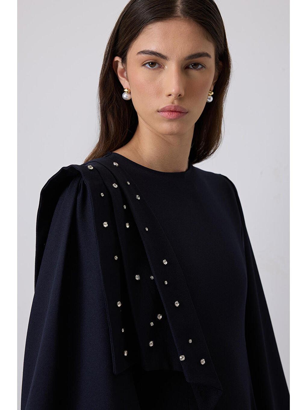 Lacivert Taş İşlemeli Balon Kollu Elbise-4