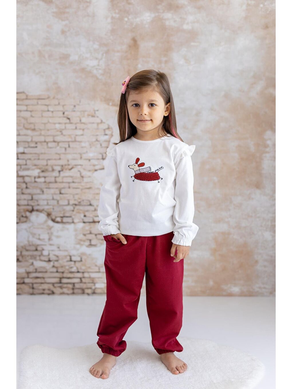 Ekru Kız Çocuk Köpek Nakışlı Uzun Kollu T-Shirt - Skasar-2