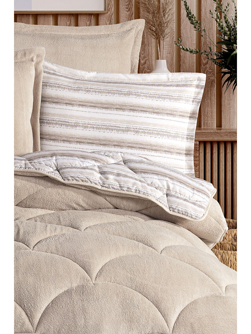 Bej Wellsoft Çift Kişilik Uyku Seti Çift Taraflı Semera-2