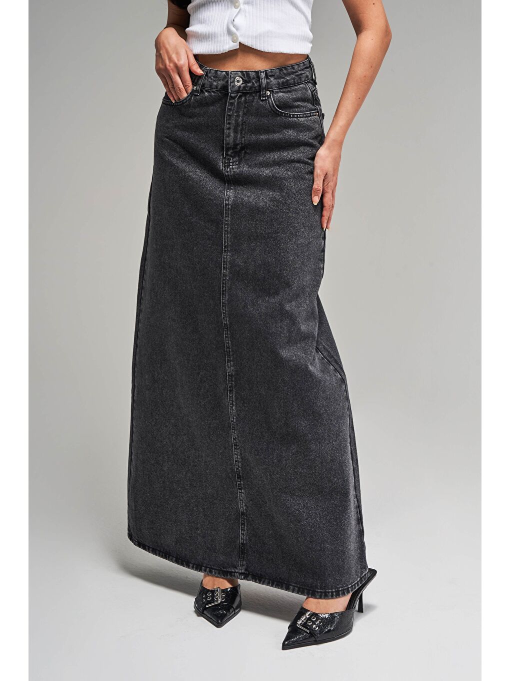 Kadın Antrasit Jean Rengi 3S5-14 Çan Kesim %100 Pamuk Maxi Boy 100 cm Denim Etek