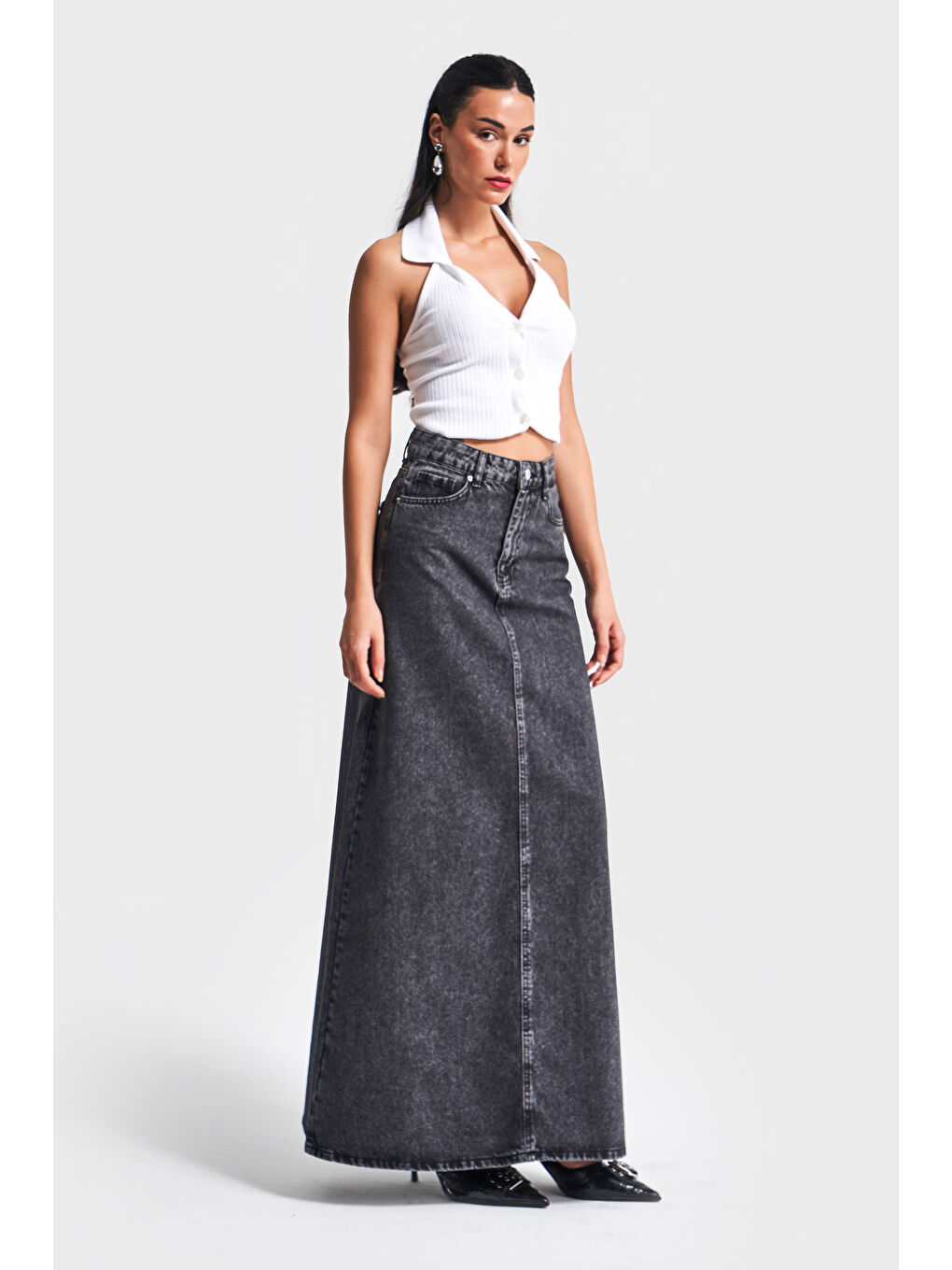 Kadın Antrasit Jean Rengi 3S5-14 Çan Kesim %100 Pamuk Maxi Boy 100 cm Denim Etek-1