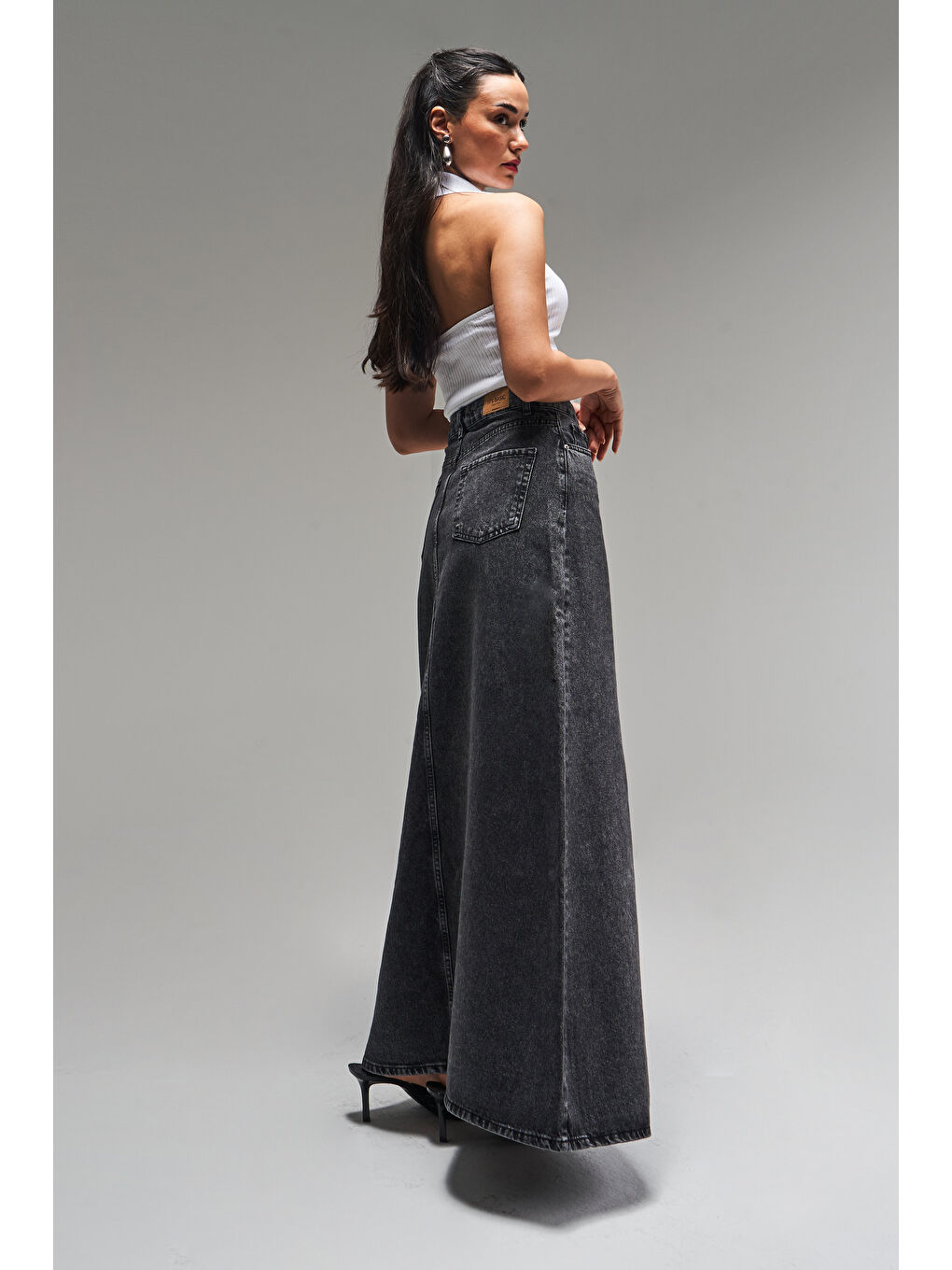 Kadın Antrasit Jean Rengi 3S5-14 Çan Kesim %100 Pamuk Maxi Boy 100 cm Denim Etek-2