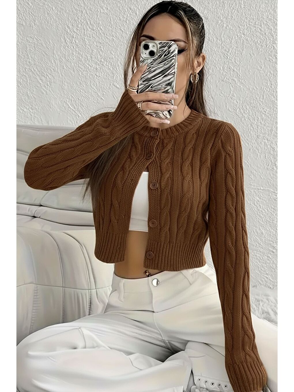 Kahverengi Örgü Desenli Kadın Triko Hırka (s,m,l Uyumludur)-1