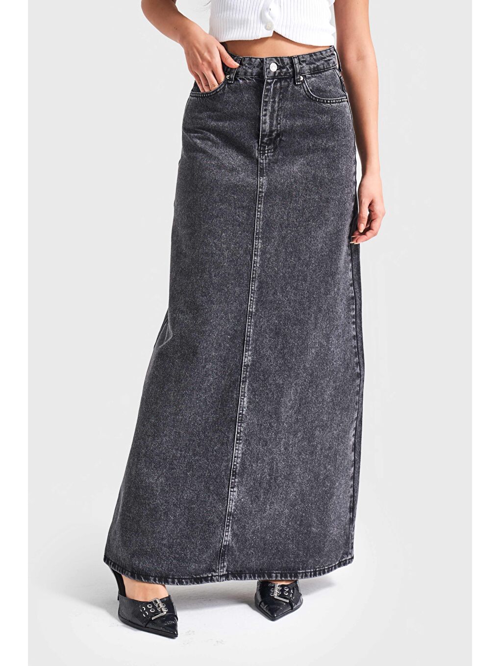 Kadın Antrasit Jean Rengi 3S5-14 Çan Kesim %100 Pamuk Maxi Boy 100 cm Denim Etek-3
