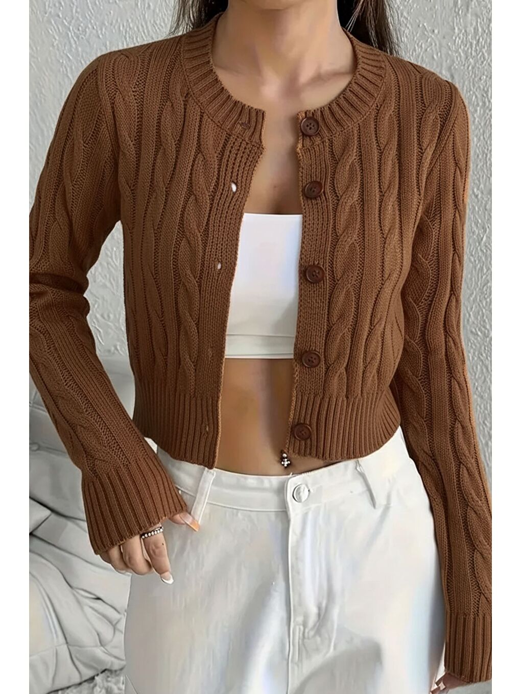 Kahverengi Örgü Desenli Kadın Triko Hırka (s,m,l Uyumludur)-2