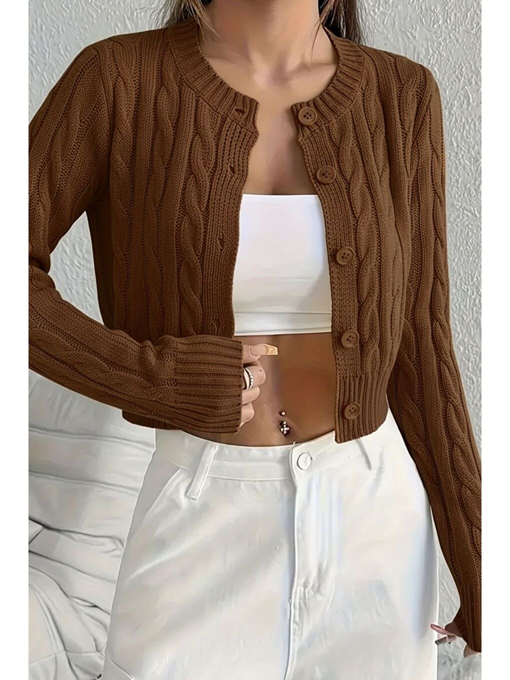 Kahverengi Örgü Desenli Kadın Triko Hırka (s,m,l Uyumludur)-3