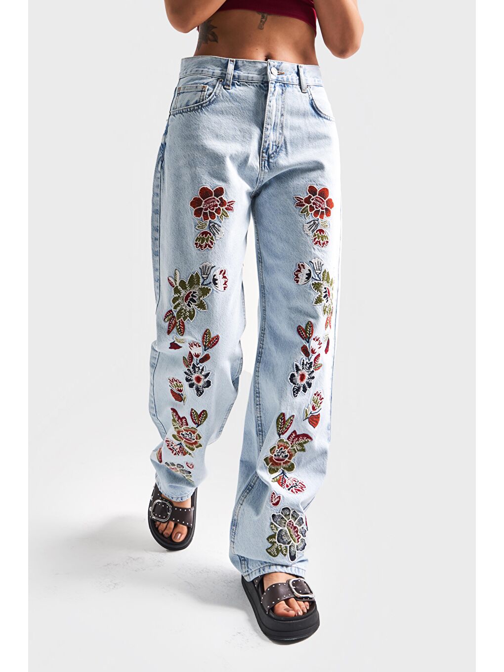Mavi Kadın Snow Jean Rengi 4S5-3 Çiçek Nakışlı Loose Fit %100 Pamuk Tasarım Denim Jean-2