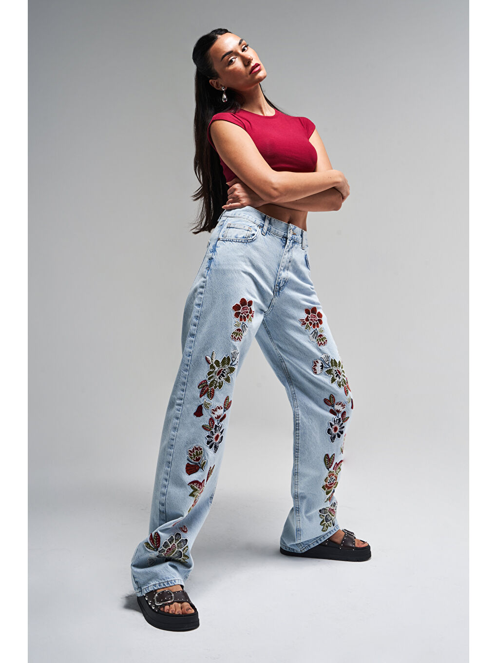 Mavi Kadın Snow Jean Rengi 4S5-3 Çiçek Nakışlı Loose Fit %100 Pamuk Tasarım Denim Jean-3