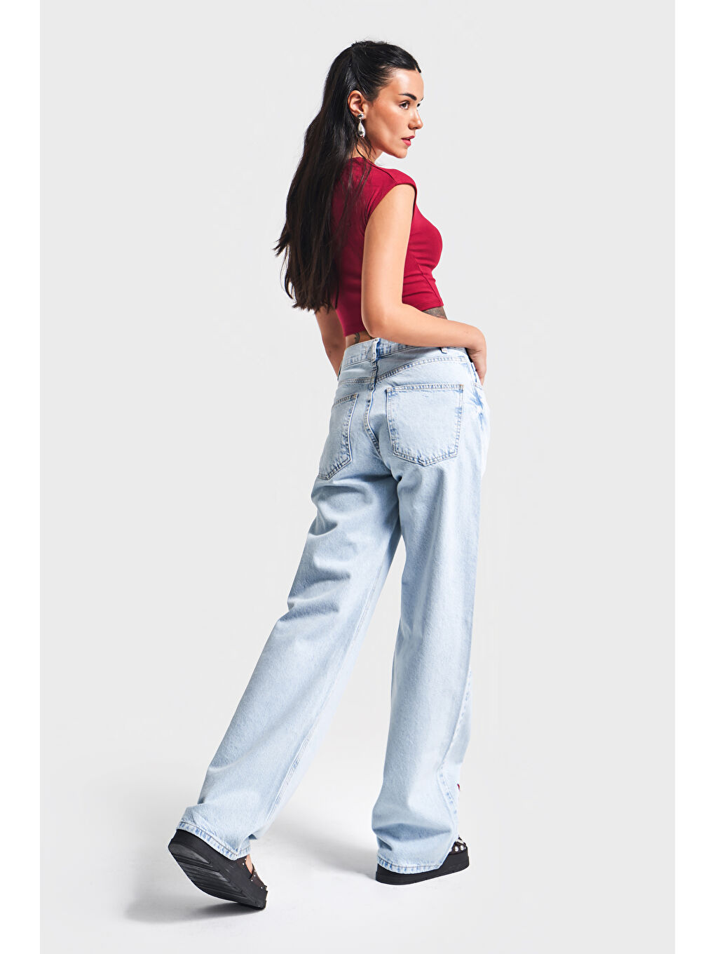 Mavi Kadın Snow Jean Rengi 4S5-3 Çiçek Nakışlı Loose Fit %100 Pamuk Tasarım Denim Jean-4