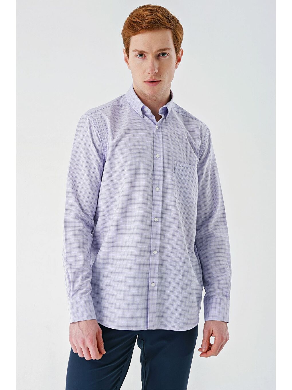 Lila Lavanta Uzun Kollu Ekoseli Cepli Garnili Pamuklu Klasik Comfort Fit Rahat Kesim Gömlek 1004240227