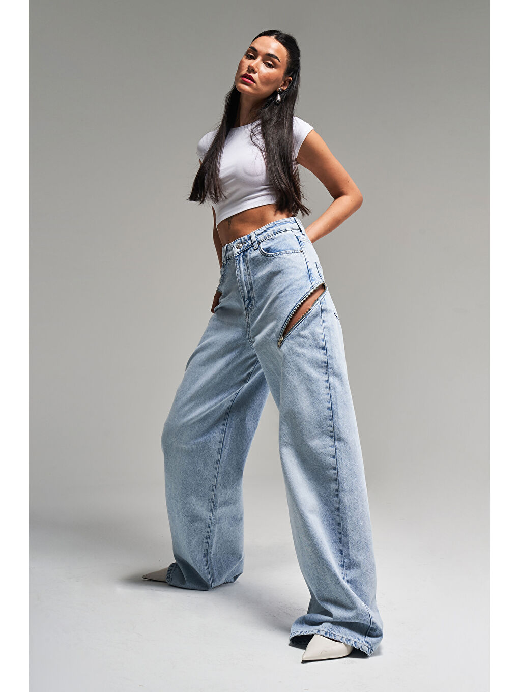 Mavi Kadın Snow Jean Rengi 4S5 3 Palazzo Fit Bol Kesim  100 Pamuk Fermuar Detaylı Tasarım Denim Jean