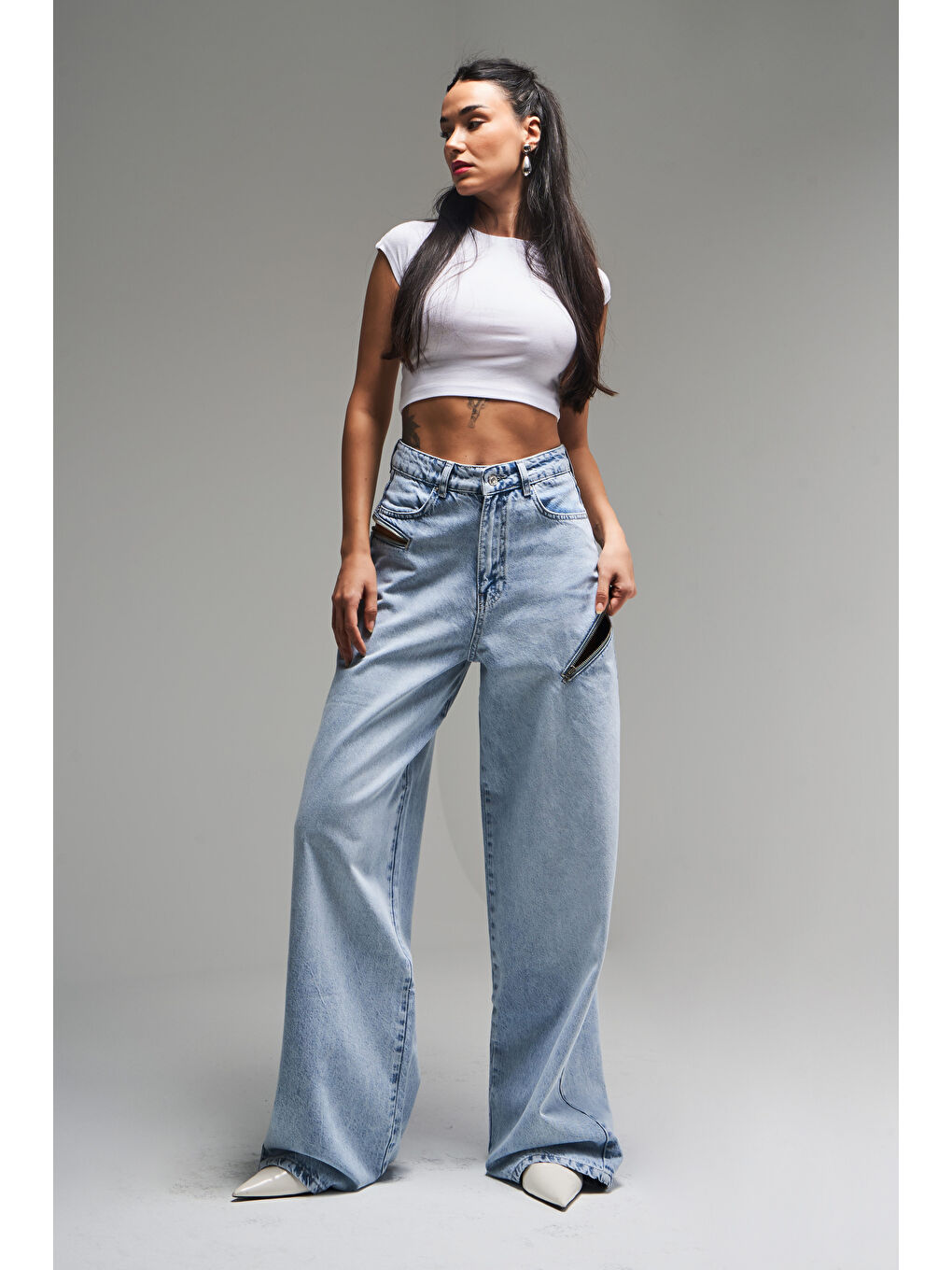 Mavi Kadın Snow Jean Rengi 4S5 3 Palazzo Fit Bol Kesim  100 Pamuk Fermuar Detaylı Tasarım Denim Jean-2